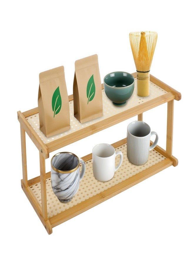 Klmnop 2 Tier Matcha Station, Wicker Look Bamboo Coffee Station Organizer for Kitchen Countertop, Matcha Station Shelf for Tea Coffee Bar Accessories, Matcha Stand, Green Tea Powder, Scoop Mugs - Image 1